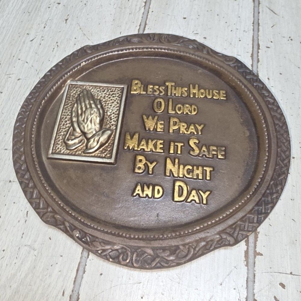 Vintage Bless This House Round Wall Plate Plaque Religious MCM Rustic Home Decor